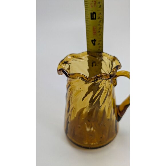 Amber Glass Pitcher Swirled Design Ruffled Rim Vintage - Picture 11 of 13